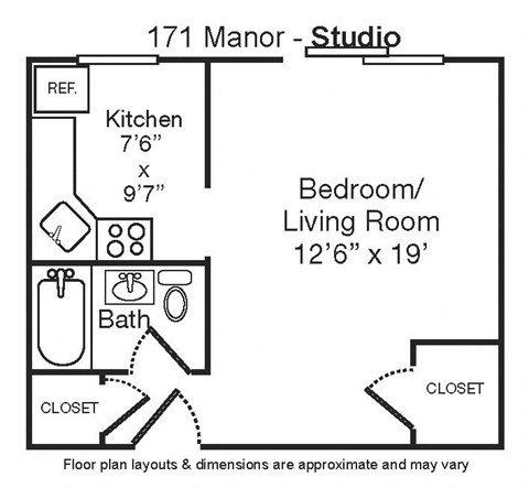 Floor plan for 1 bed, 1 bath